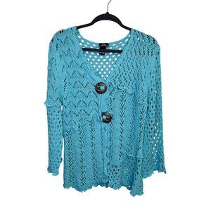 Lisa International Aqua Open-Knit Cardigan Sweater Sz Large Crochet Cottagecore